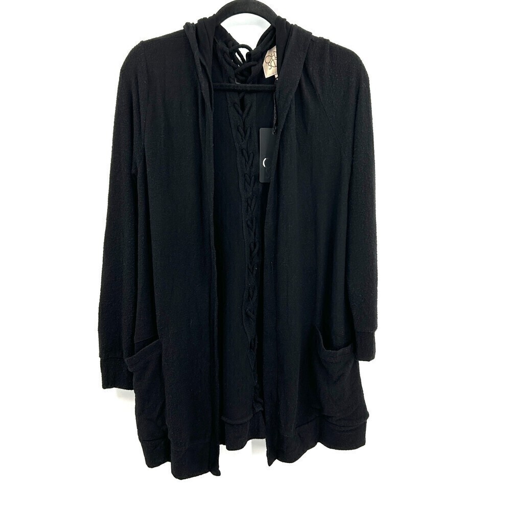 NWT CHASER Black Super Soft Lace Up Back Hooded Cardigan Sweater Size Medium